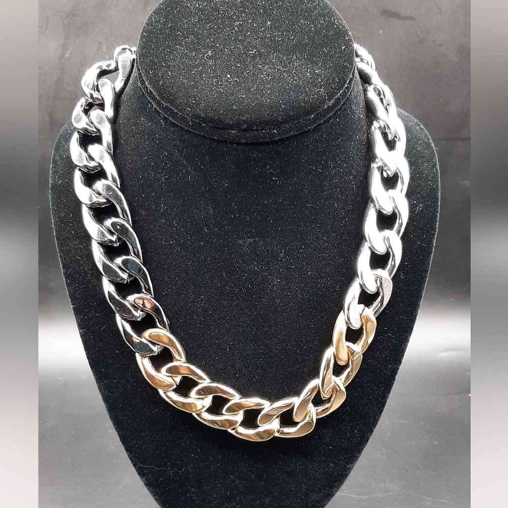 R & J Couture Necklace Solid Heavy Choker Chain 19" Long Gold Silver Black